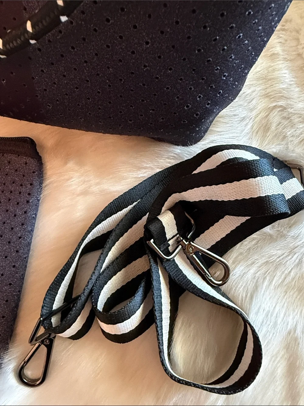 Striped Charcoal and White Tote Bag with Wristlet and Crossbody Strap